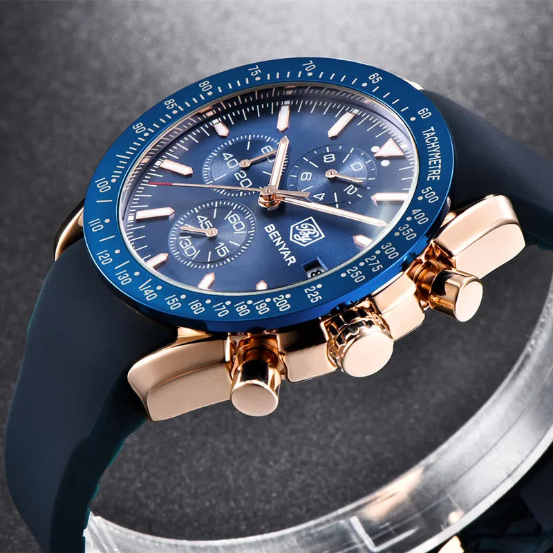 BENYAR Luxury Brand Men's Casual Quartz Watch Silicone Strap Military Chronograph Men's 30M Waterproof Watch Montre Homme