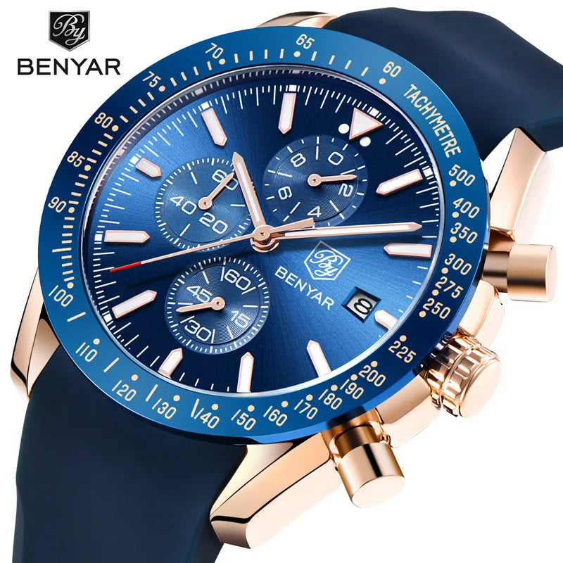 BENYAR Luxury Brand Men's Casual Quartz Watch Silicone Strap Military Chronograph Men's 30M Waterproof Watch Montre Homme