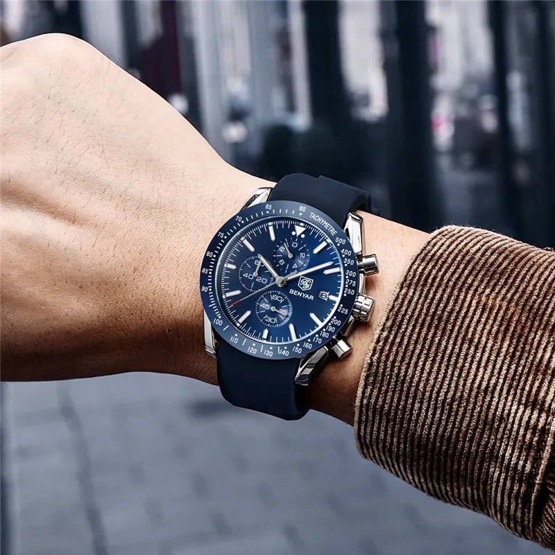 BENYAR Luxury Brand Men's Casual Quartz Watch Silicone Strap Military Chronograph Men's 30M Waterproof Watch Montre Homme