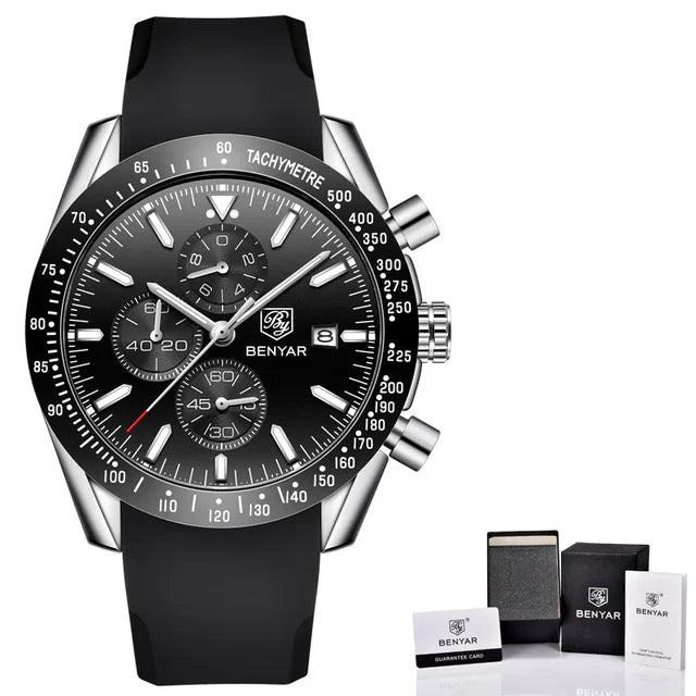 BENYAR Luxury Brand Men's Casual Quartz Watch Silicone Strap Military Chronograph Men's 30M Waterproof Watch Montre Homme