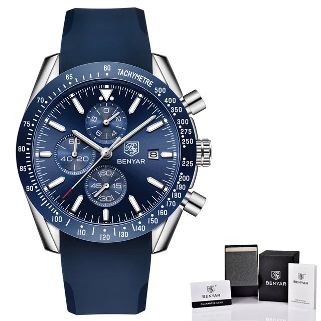 BENYAR Luxury Brand Men's Casual Quartz Watch Silicone Strap Military Chronograph Men's 30M Waterproof Watch Montre Homme
