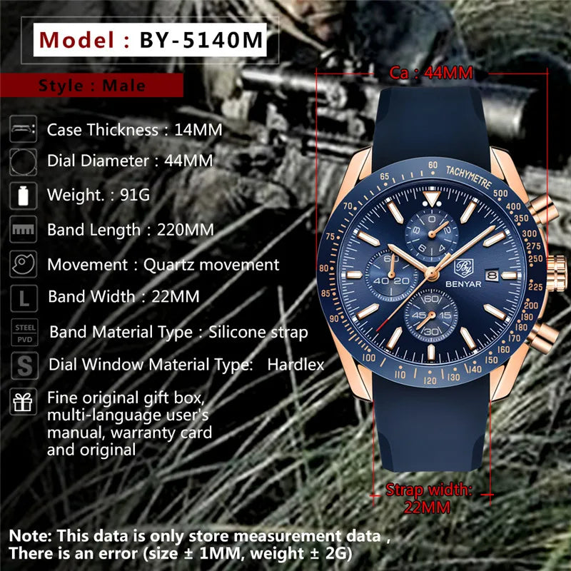 BENYAR Luxury Brand Men's Casual Quartz Watch Silicone Strap Military Chronograph Men's 30M Waterproof Watch Montre Homme