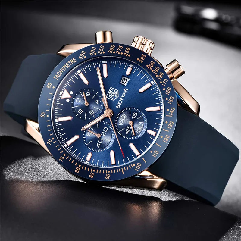 BENYAR Luxury Brand Men's Casual Quartz Watch Silicone Strap Military Chronograph Men's 30M Waterproof Watch Montre Homme