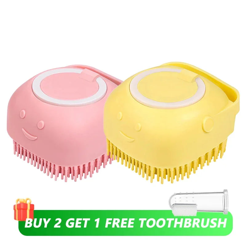Escova de banho para cães com cerdas de borracha Pet Massage Shampoo Dispenser Escova de silicone macia Ferramenta de higiene para cães e gatos Chuveiro