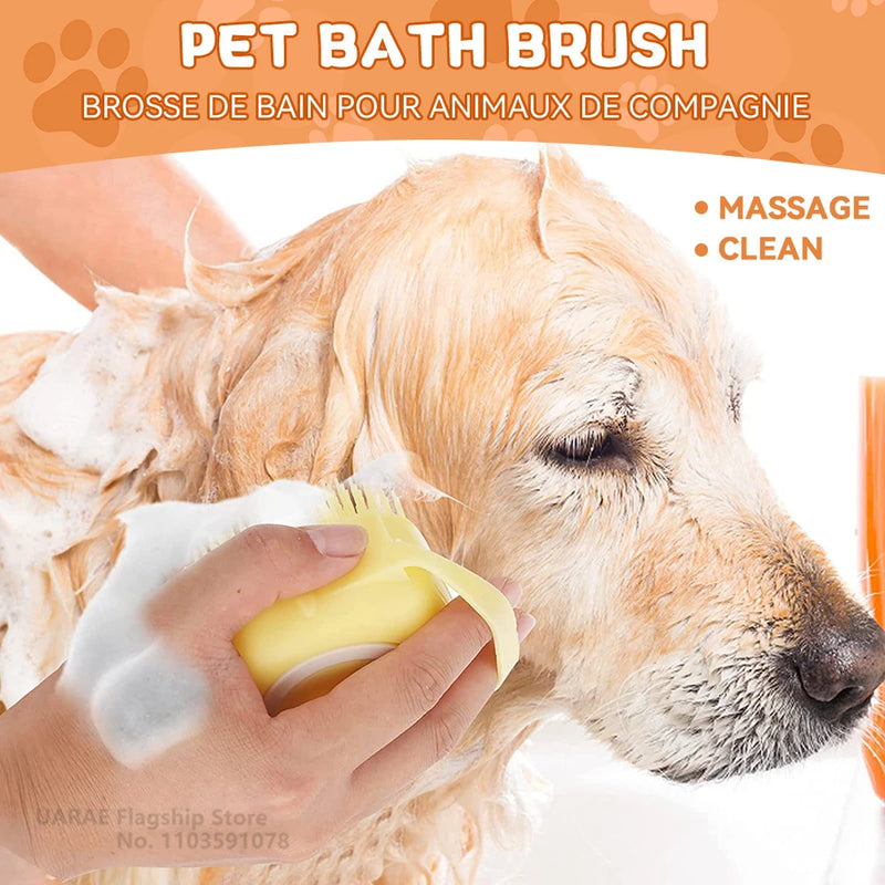 Escova de banho para cães com cerdas de borracha Pet Massage Shampoo Dispenser Escova de silicone macia Ferramenta de higiene para cães e gatos Chuveiro